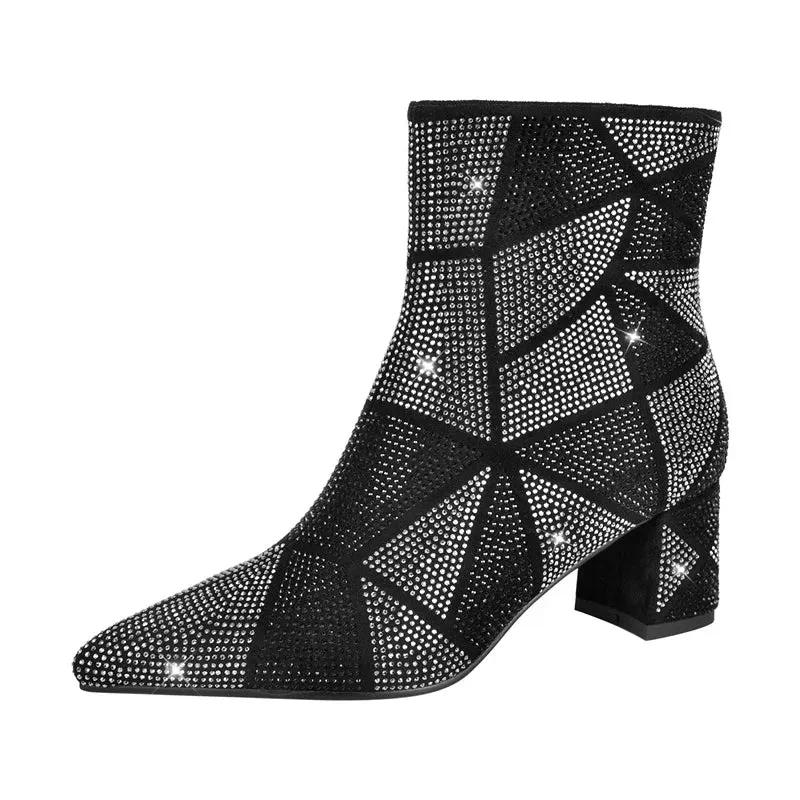 BELSON – Women’s Rhinestone Ankle Boots with Block Heel