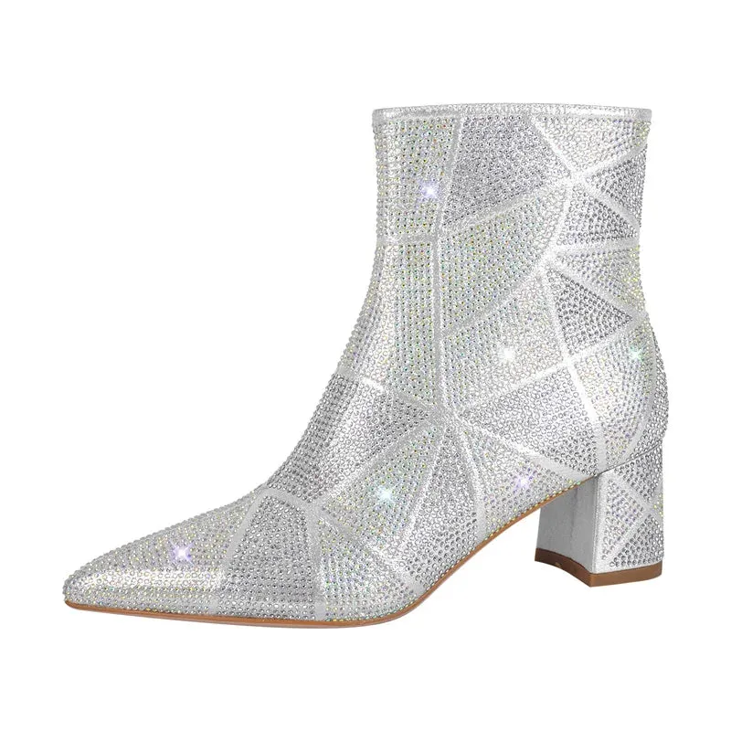 BELSON – Women’s Rhinestone Ankle Boots with Block Heel