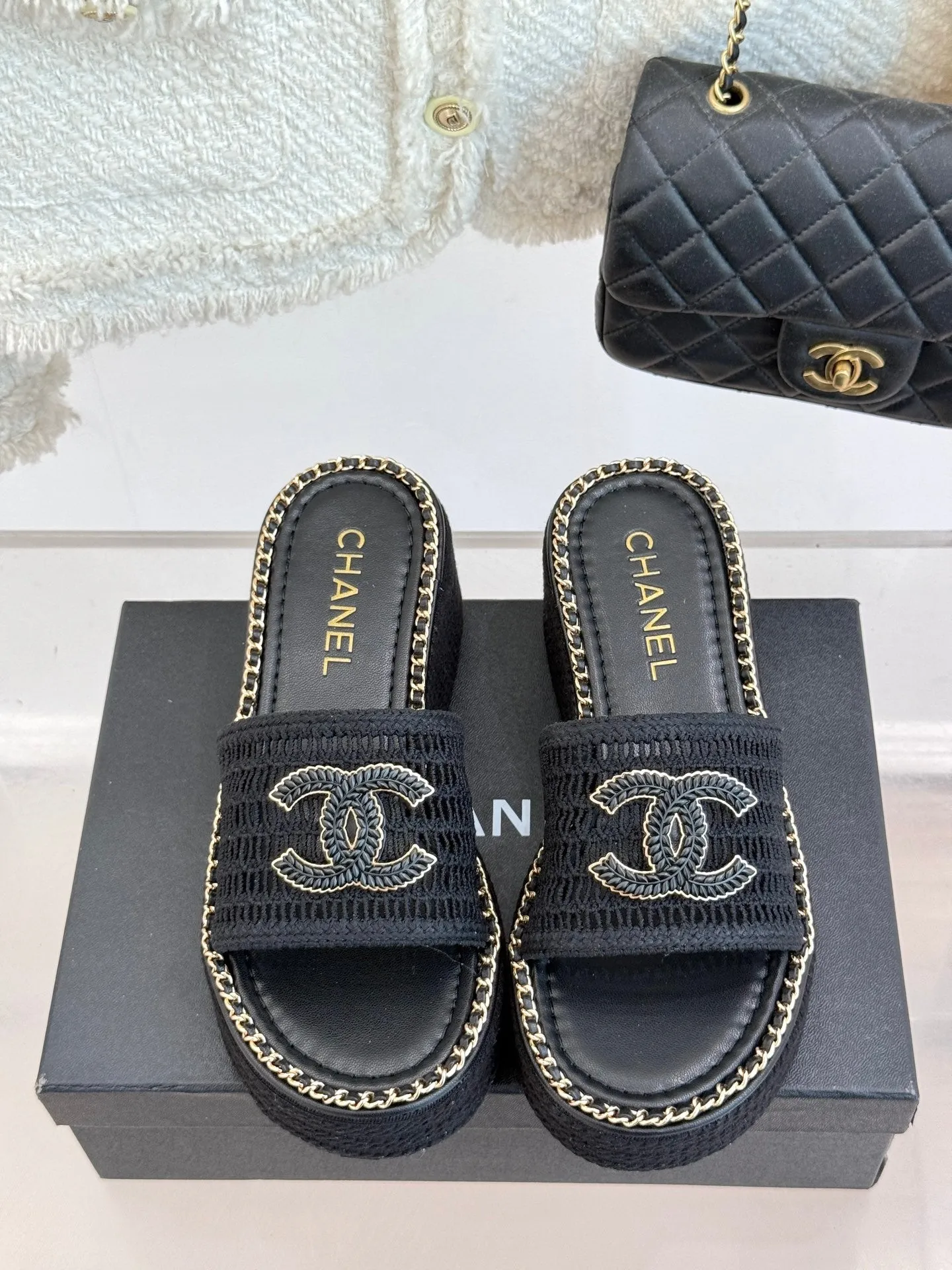 CC Mesh Hollow Chain Double C Thick-Soled Slippers 70mm Black 265651