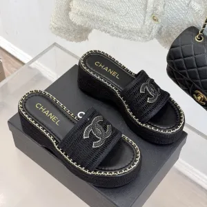 CC Mesh Hollow Chain Double C Thick-Soled Slippers 70mm Black 265651
