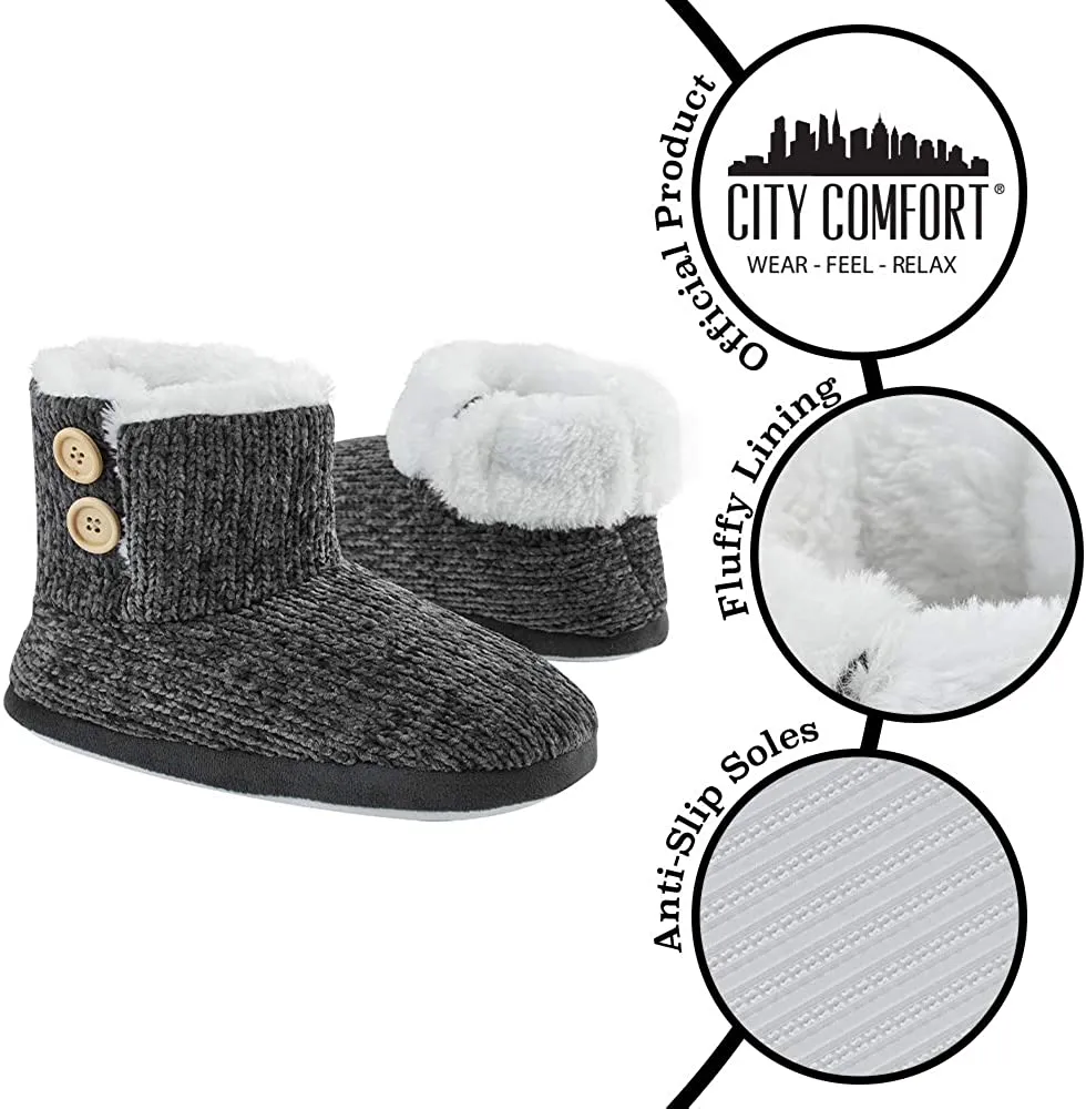 CityComfort Ladies Slippers, Faux Fur Bootie Slippers Women, Slipper Ankle Boots with Rubber Sole