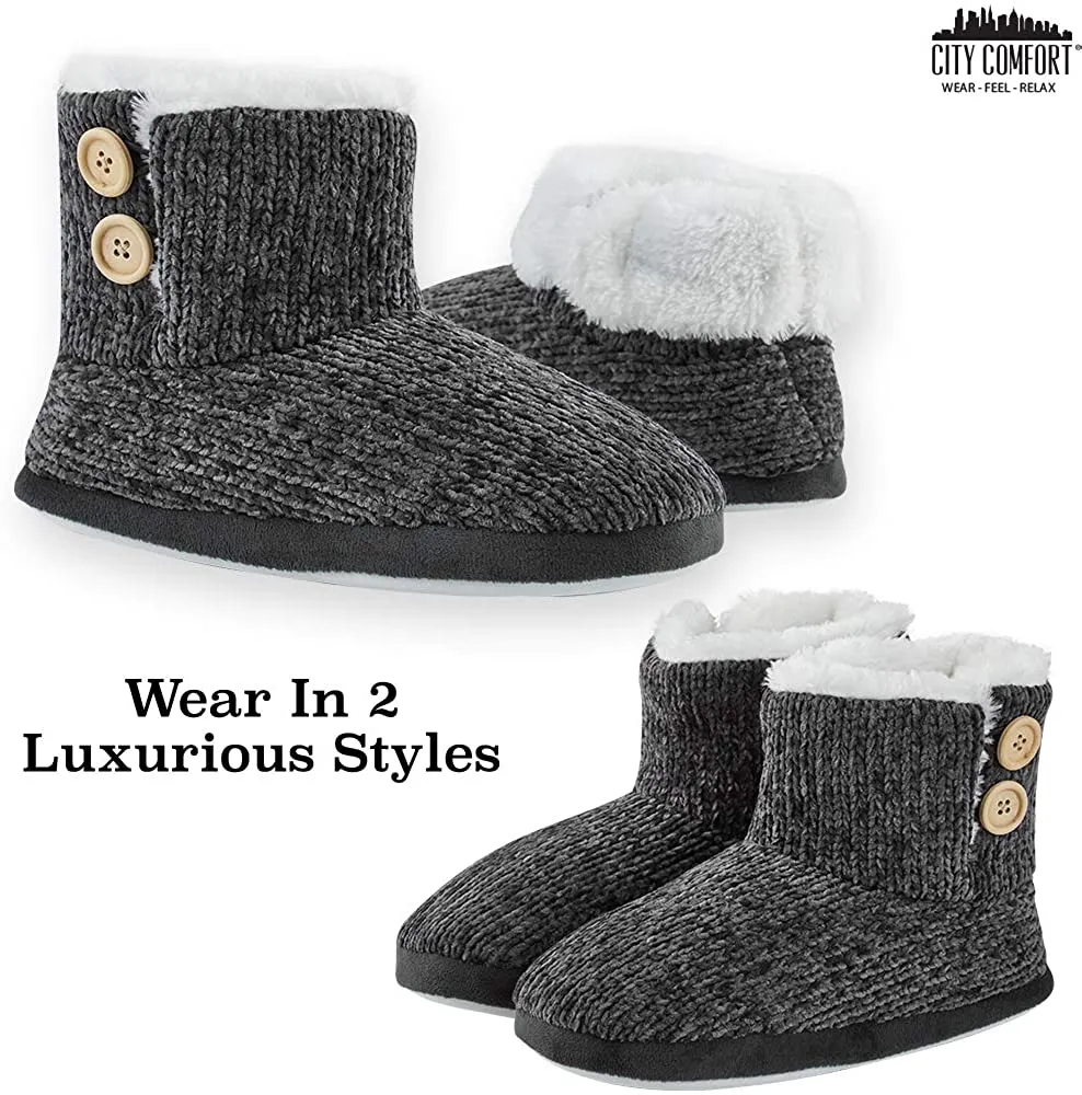 CityComfort Ladies Slippers, Faux Fur Bootie Slippers Women, Slipper Ankle Boots with Rubber Sole