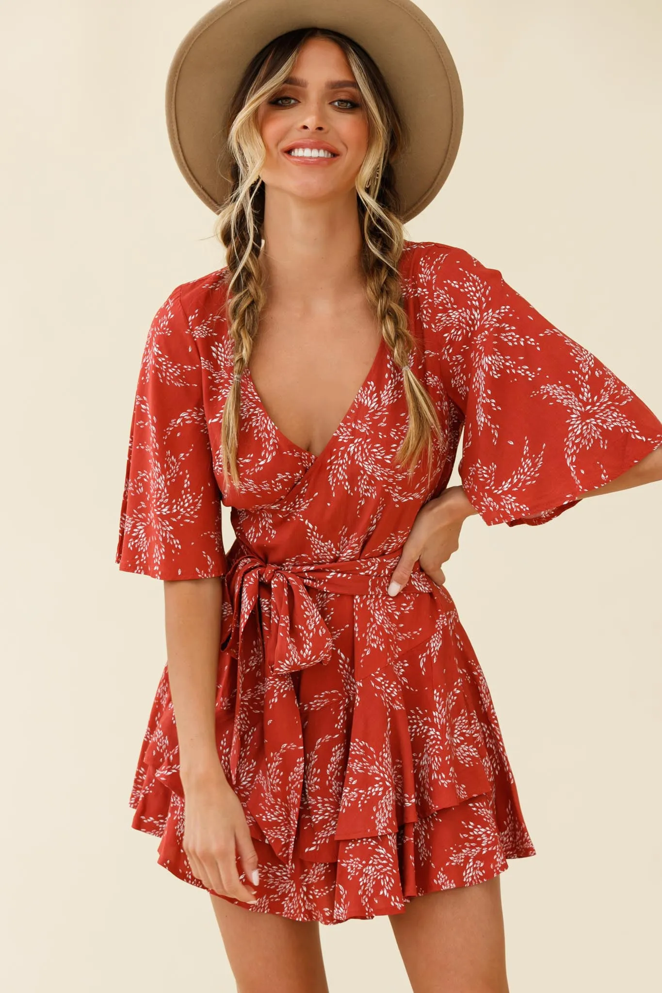 Davina Angel Sleeve Cut-Out Back Romper Leaf Print Rose