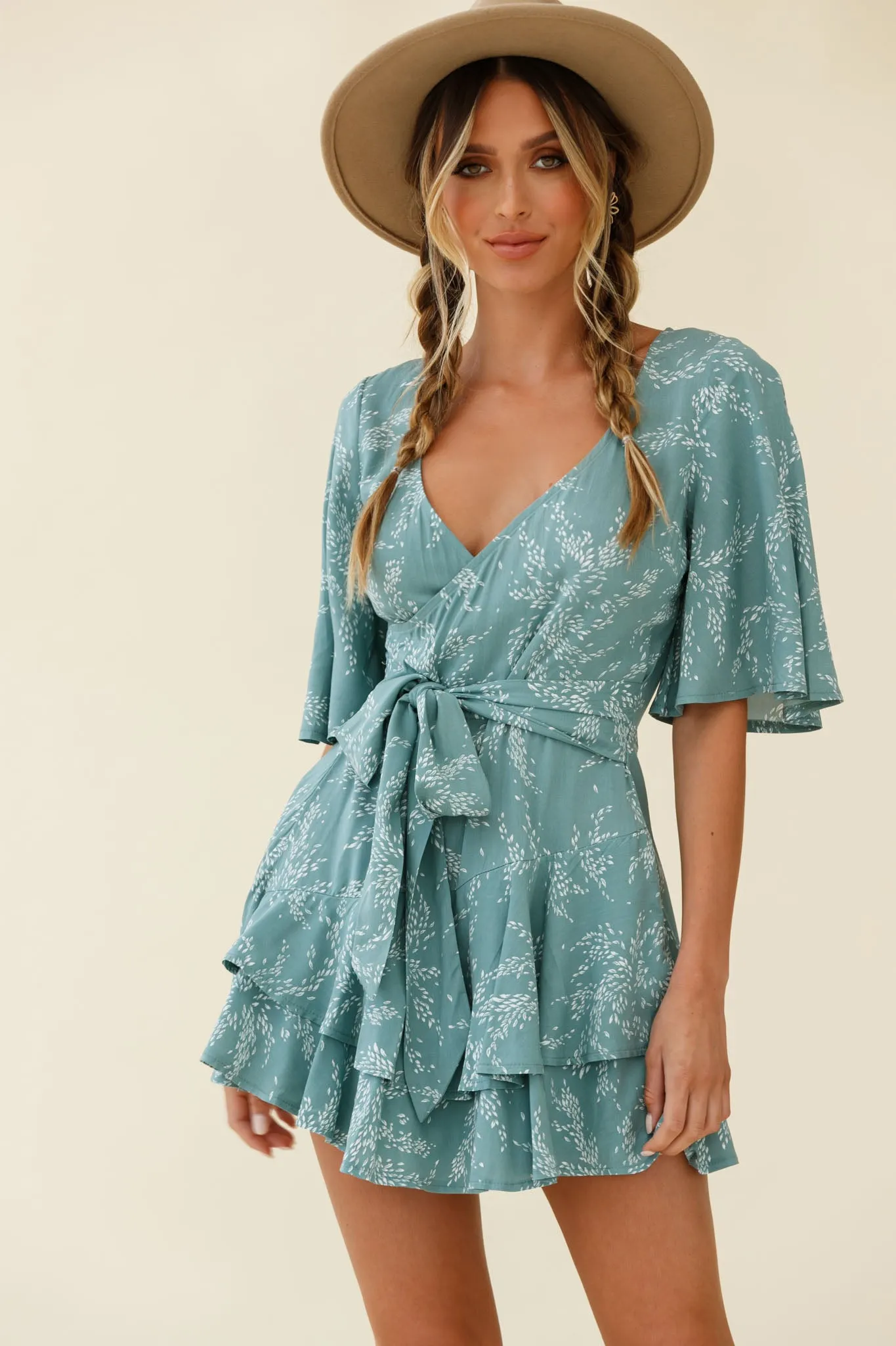 Davina Angel Sleeve Cut-Out Back Romper Leaf Print Sage