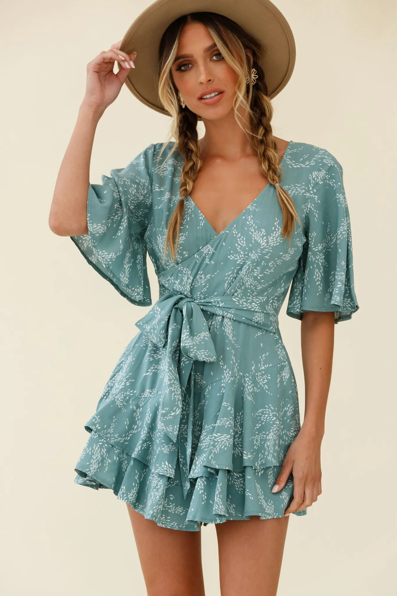Davina Angel Sleeve Cut-Out Back Romper Leaf Print Sage