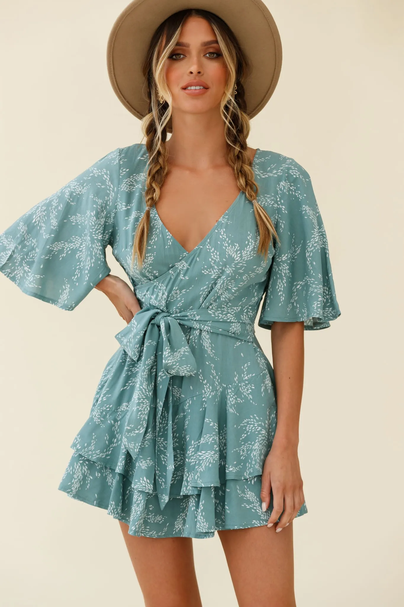 Davina Angel Sleeve Cut-Out Back Romper Leaf Print Sage