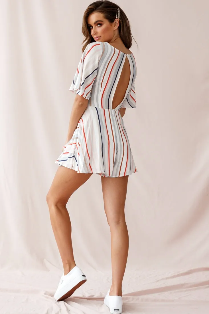 Davina Angel Sleeve Cut-Out Back Romper Multi Stripe Print