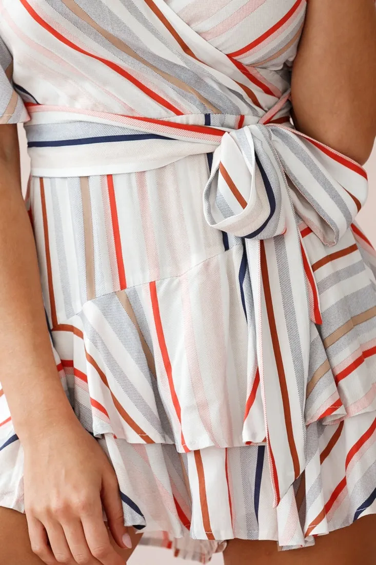Davina Angel Sleeve Cut-Out Back Romper Multi Stripe Print