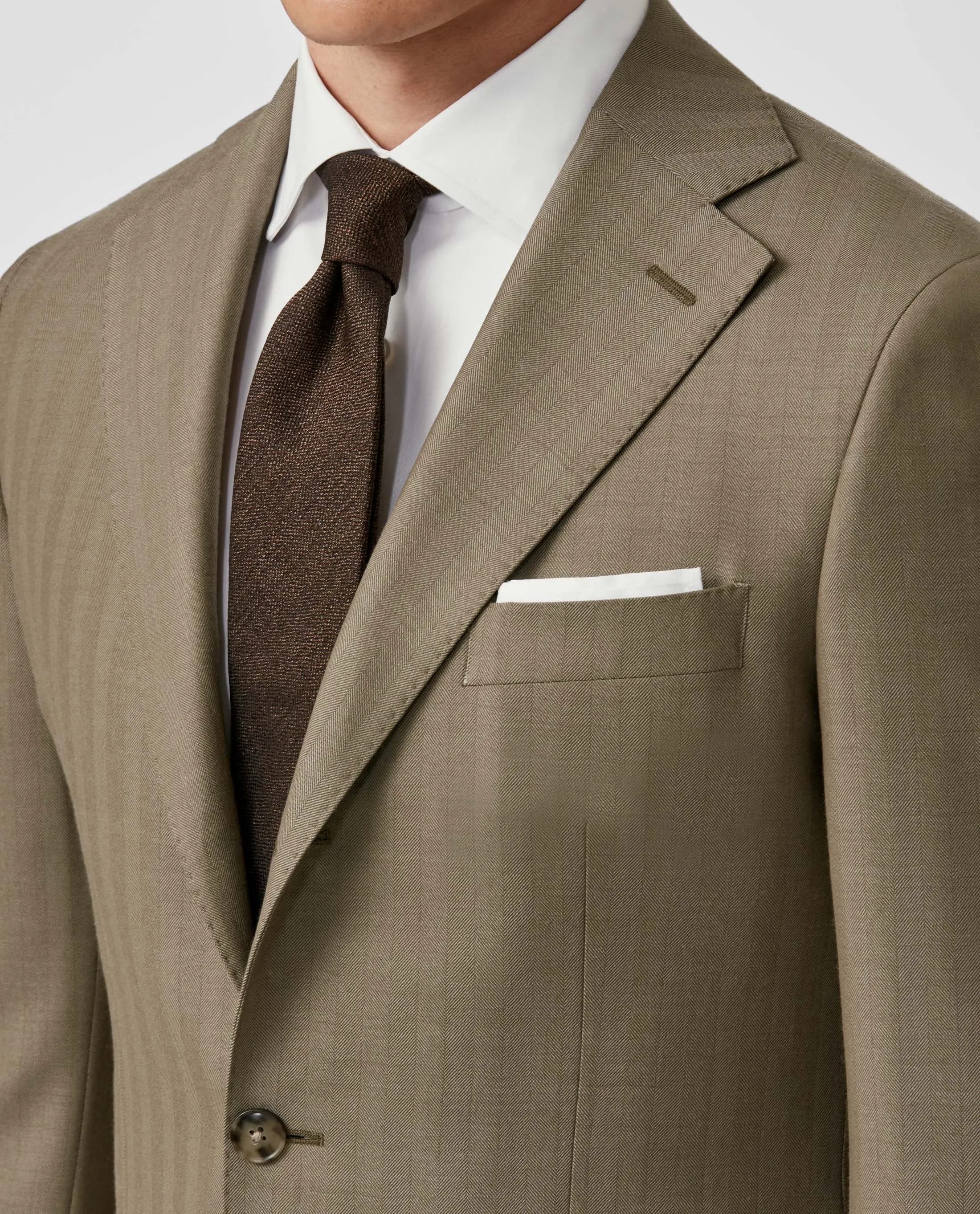 Drago Taupe Natural Bi Stretch S130 Milled Wool Solaro Herringbone