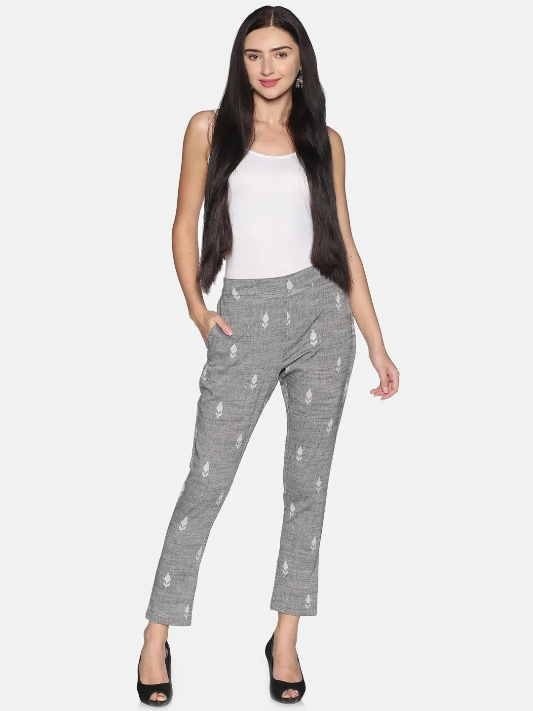 Grey Cotton Woven Design Pant