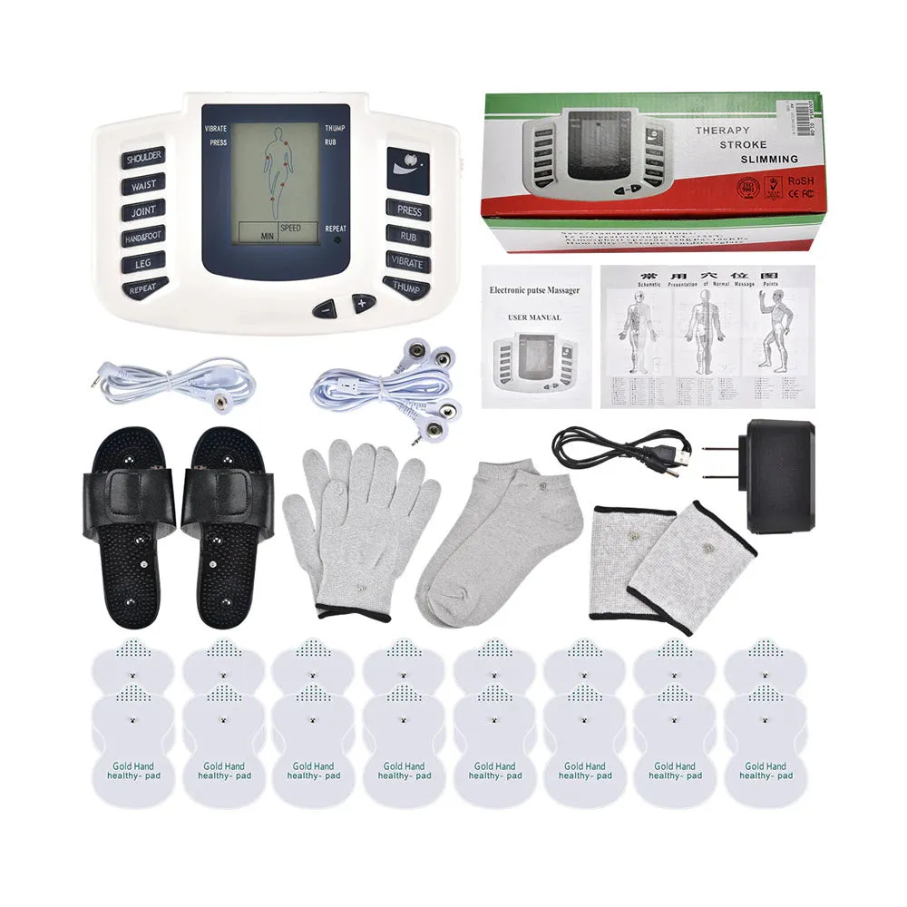 Premium EMS Unit Physiotherapy Massager Set with 16 Therapy Patches, Digital Muscle Stimulator, Relaxation Slippers, Gloves, Wristband, and Socks for Pain Relief and Muscle Recovery