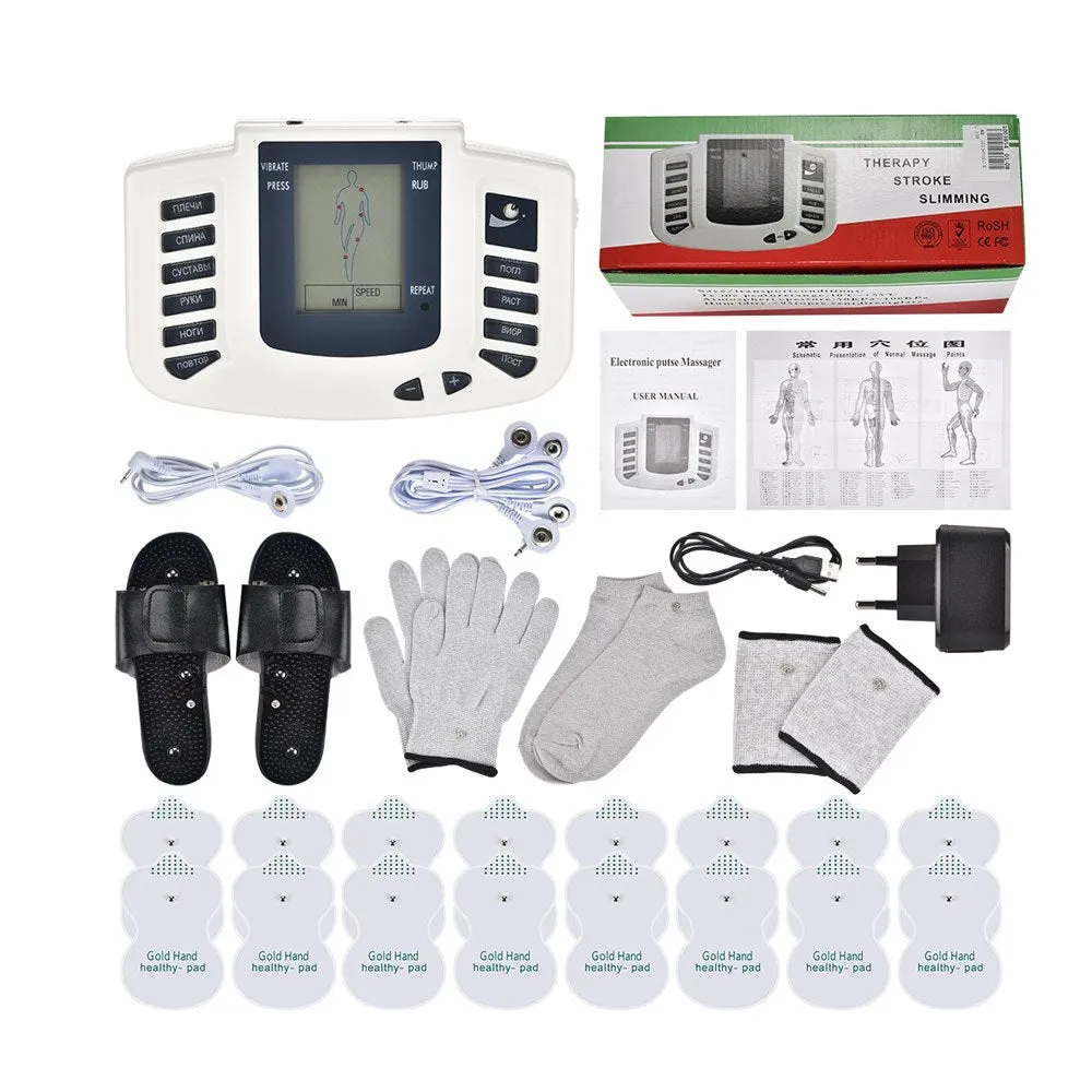 Premium EMS Unit Physiotherapy Massager Set with 16 Therapy Patches, Digital Muscle Stimulator, Relaxation Slippers, Gloves, Wristband, and Socks for Pain Relief and Muscle Recovery