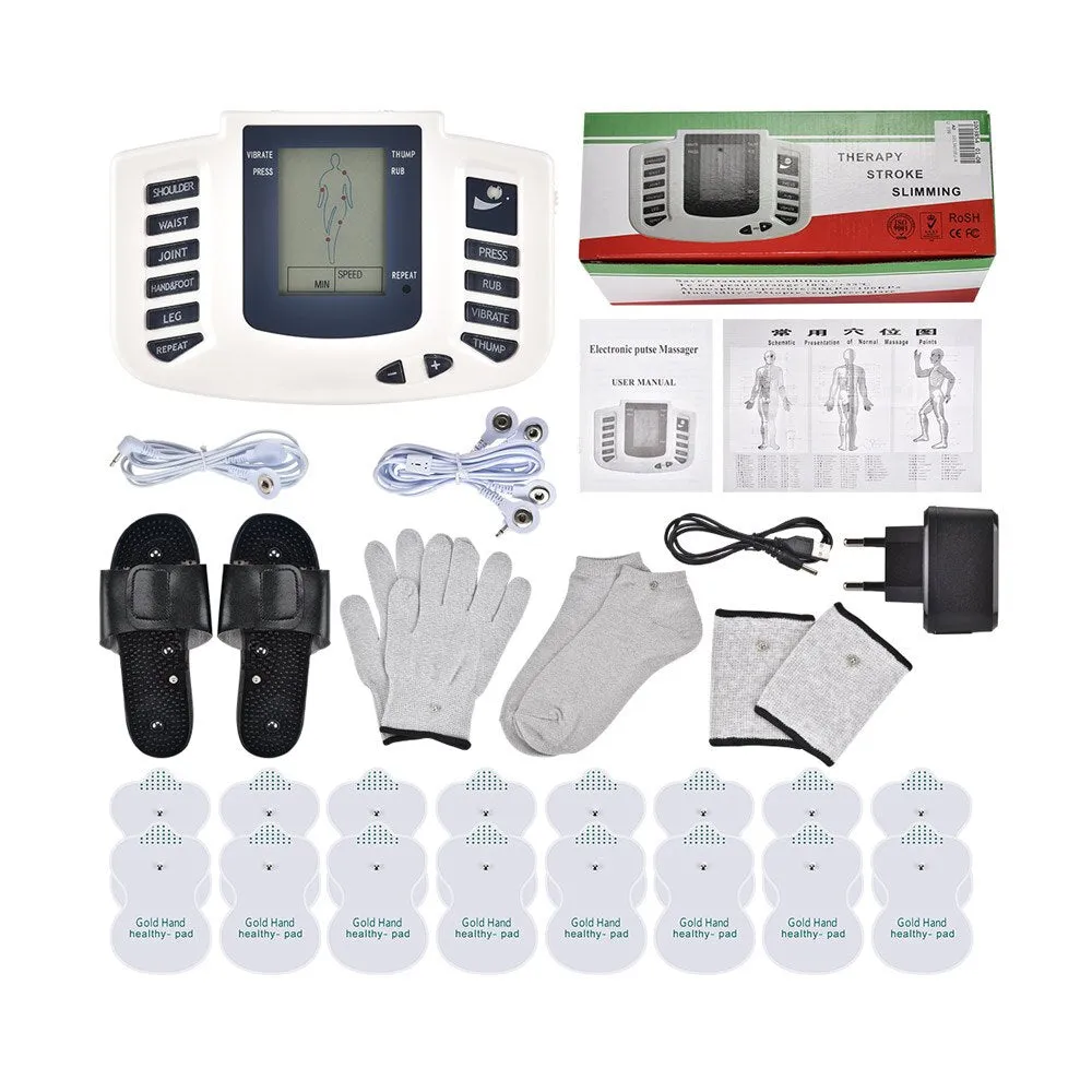 Premium EMS Unit Physiotherapy Massager Set with 16 Therapy Patches, Digital Muscle Stimulator, Relaxation Slippers, Gloves, Wristband, and Socks for Pain Relief and Muscle Recovery