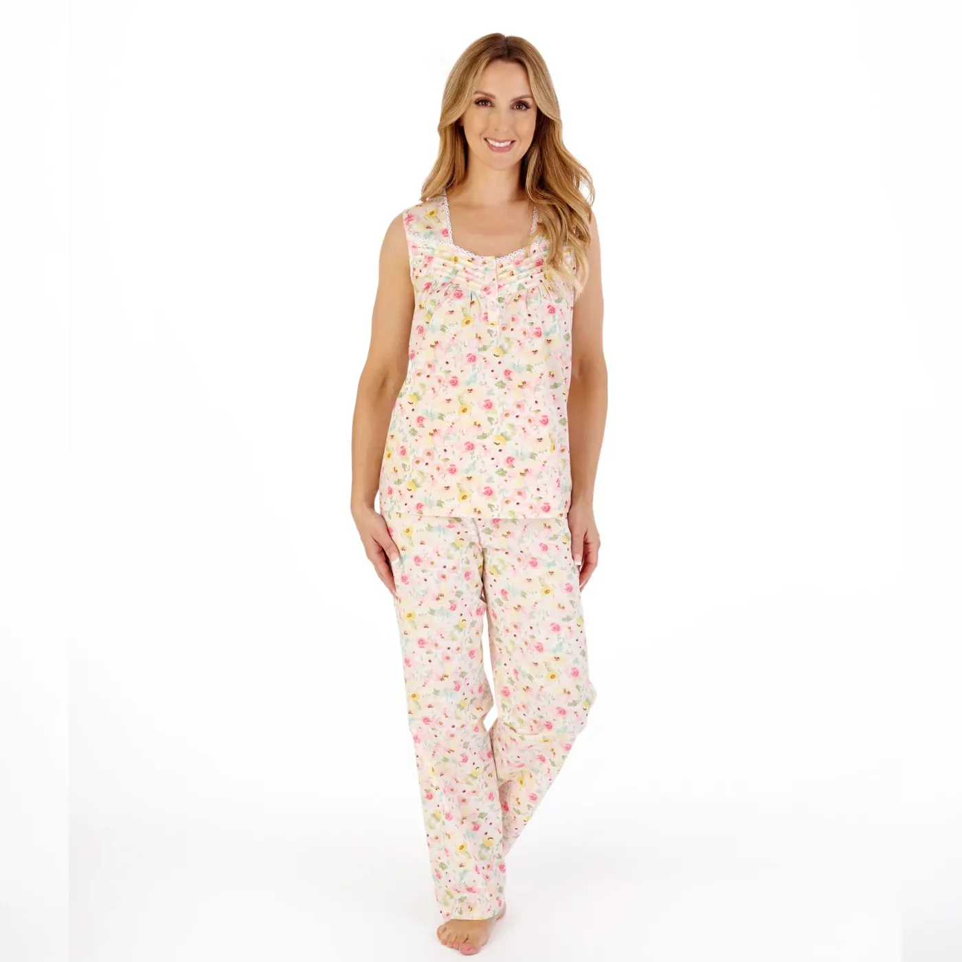 Slenderella Watercolour Floral Print Woven Pyjamas | Pink