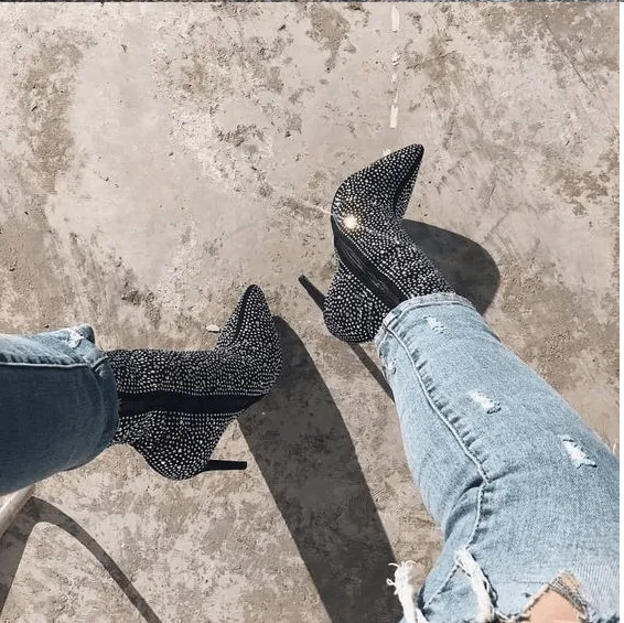 Sparkle Pointed High Heel Boots-Women's Fall/Winter Rhinestone Chic