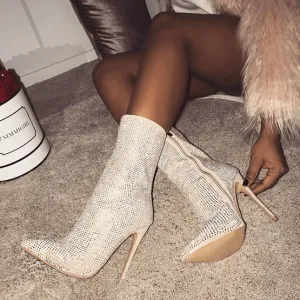 Sparkle Pointed High Heel Boots-Women's Fall/Winter Rhinestone Chic