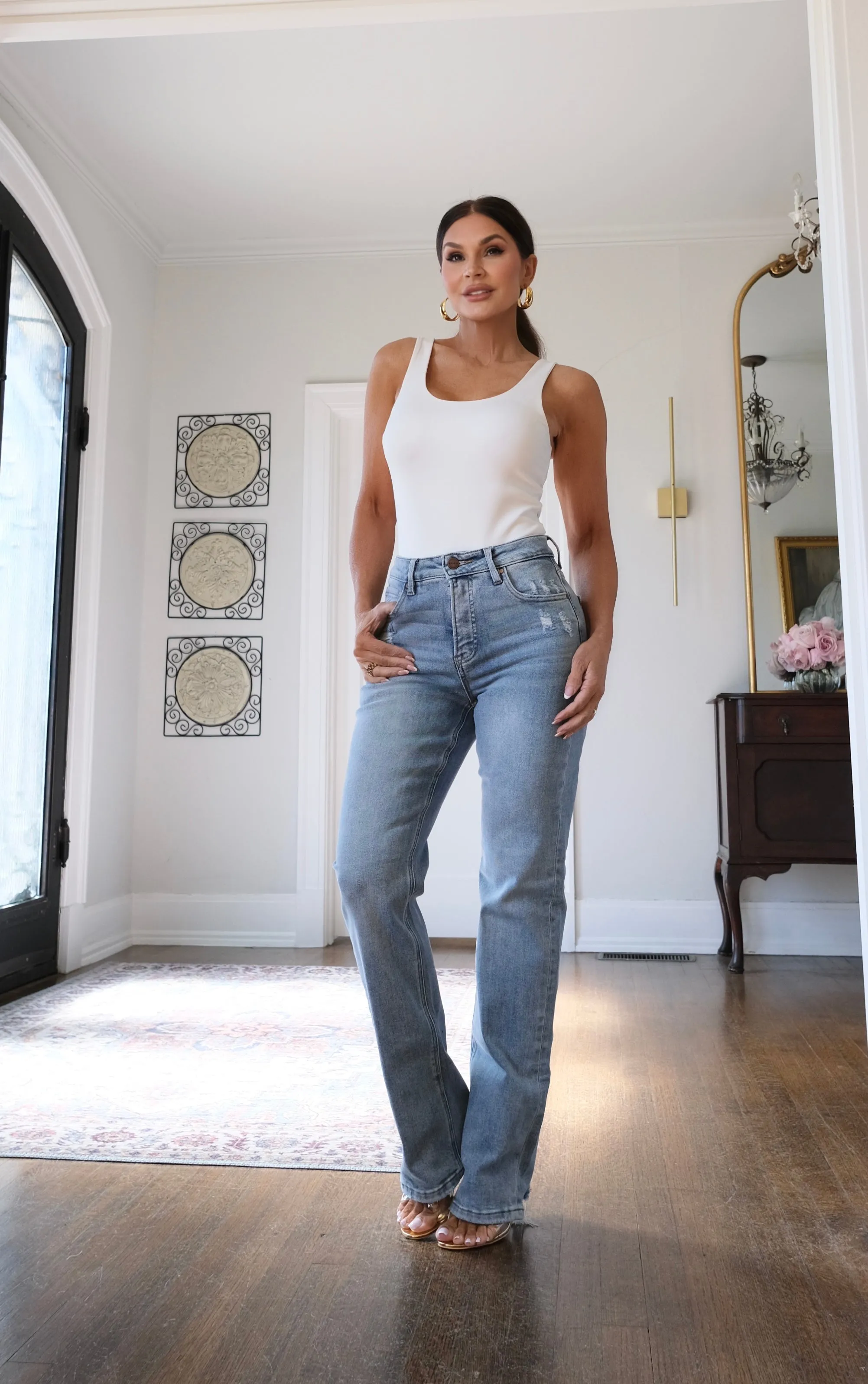Violet light wash high rise straight bootcut jean