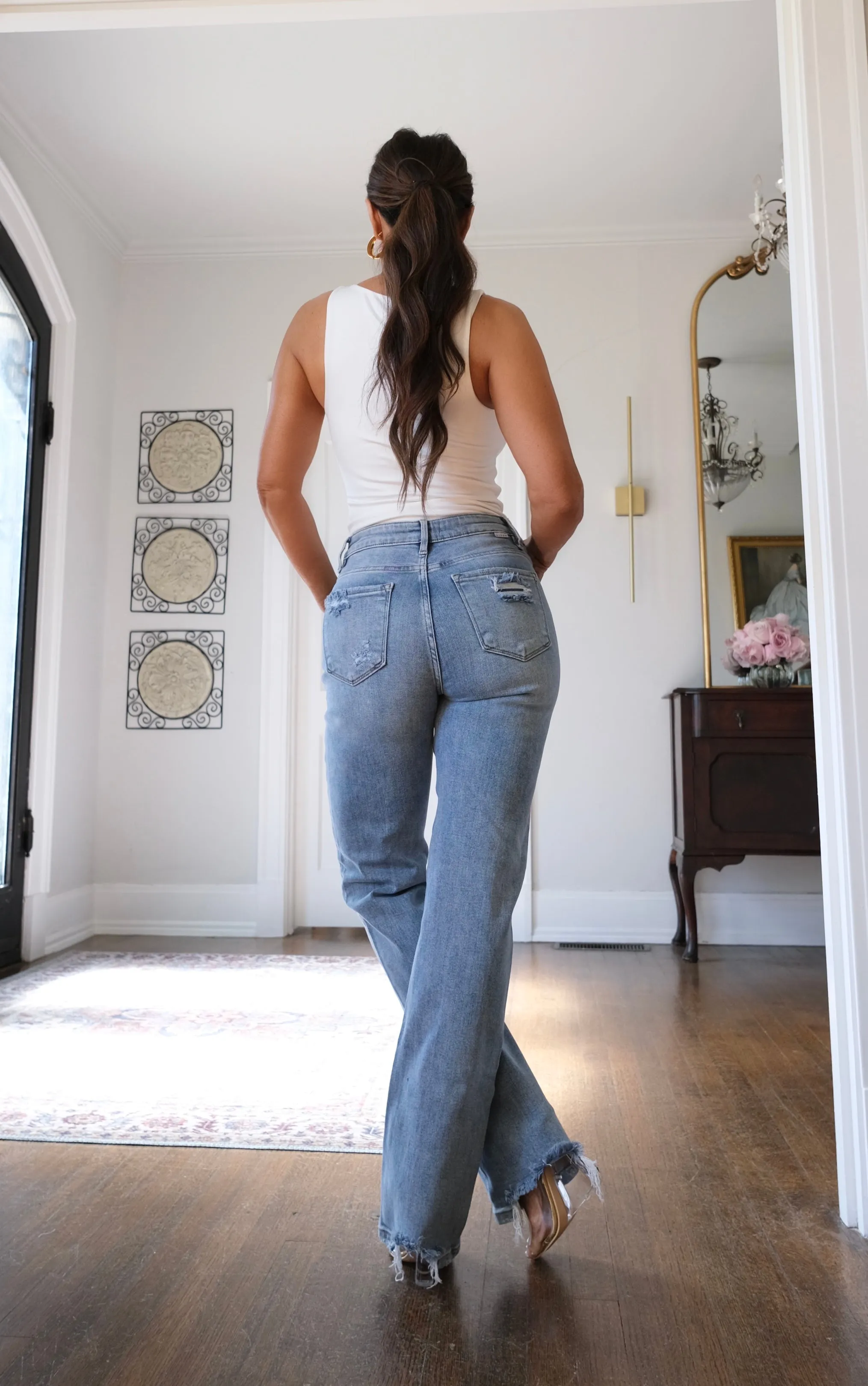 Violet light wash high rise straight bootcut jean